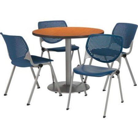 KFI 42" Round Dining Table & Chair Set, Medium Oak Table With Navy Plastic Chairs T42RD-B1922SL-MO-2300-P03